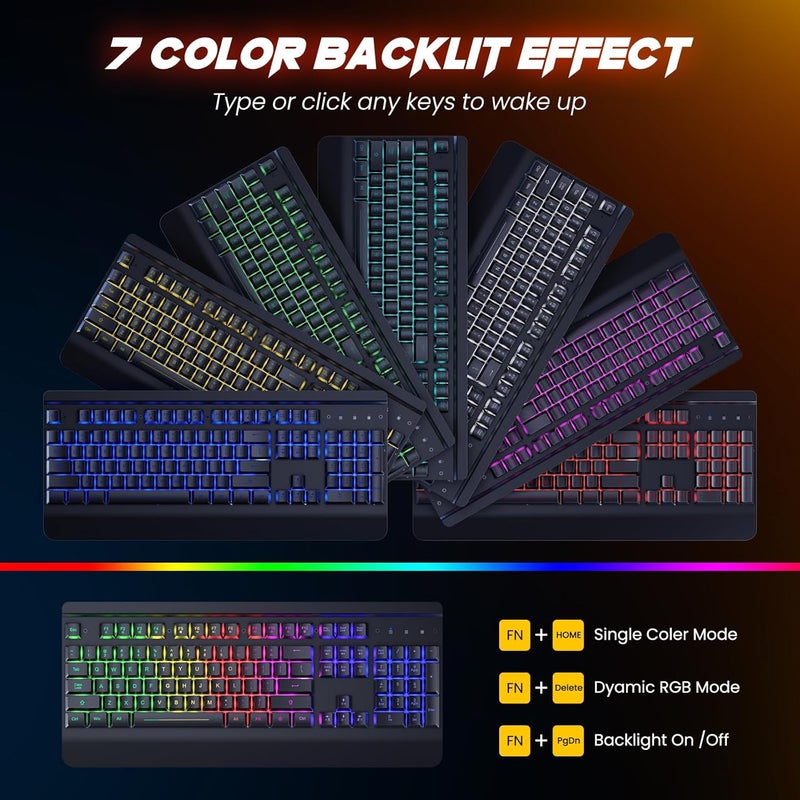 RisoPhy Wireless Gaming Keyboard and Mouse Combo, Metal Panel, 7 Color Backlits, Rechargeable 3200 mAh Battery, Wrist Rest, Sleep Mode, Light Up Keyboard + 7D 3200DPI Gaming Mice for PC Gamer - Image 4